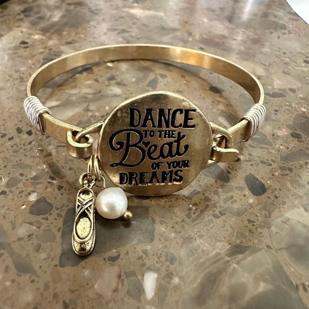 Dance To The Beat Of Your Dreams Ballet Shoe Faux Pearl Charm Bangle Bracelet Go